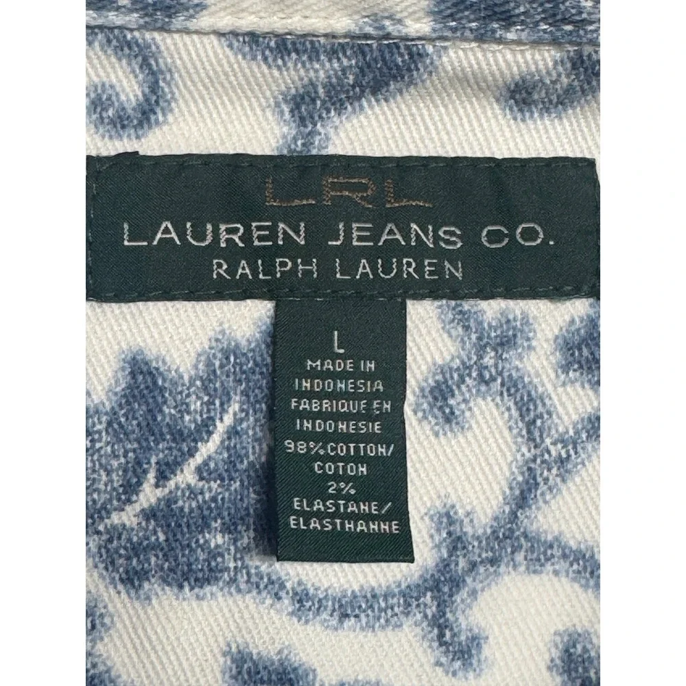 Lauren Ralph Lauren Jeans Co Blue White Floral Damask Denim Trucker Jacket L - Picture 2 of 7